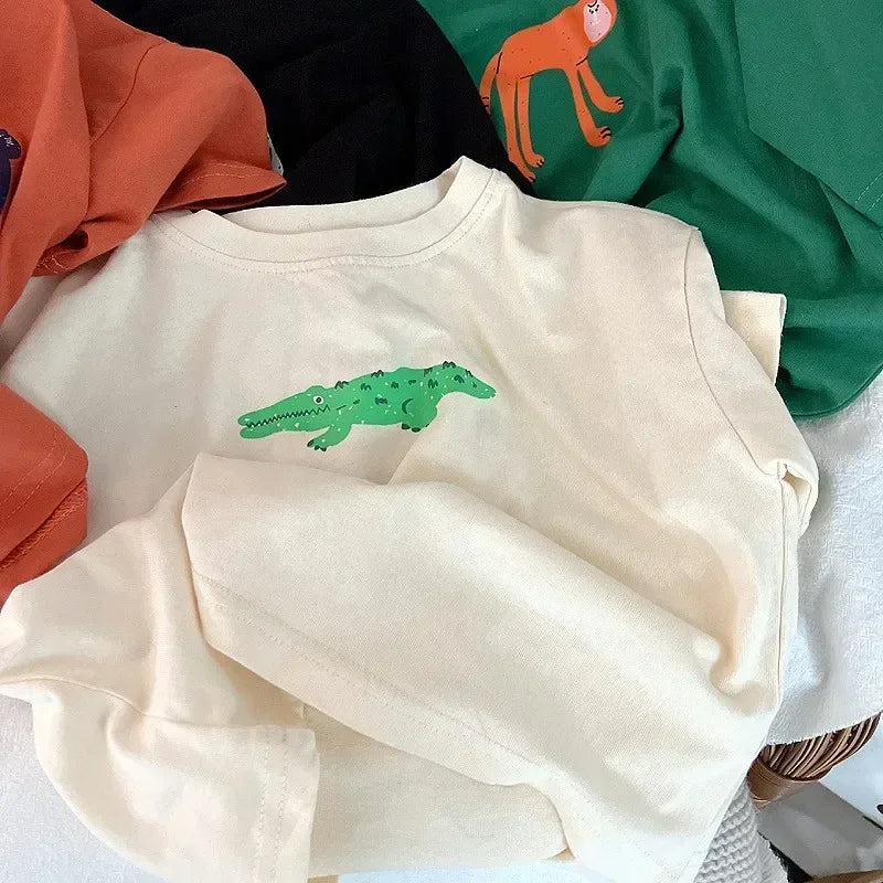 ‌Korean Style Summer Kids T-Shirt Cute Cartoon Print Loose Fit Drop Shoulder Mid-Sleeve Top for Baby Boys Girls Toddler Clothes
