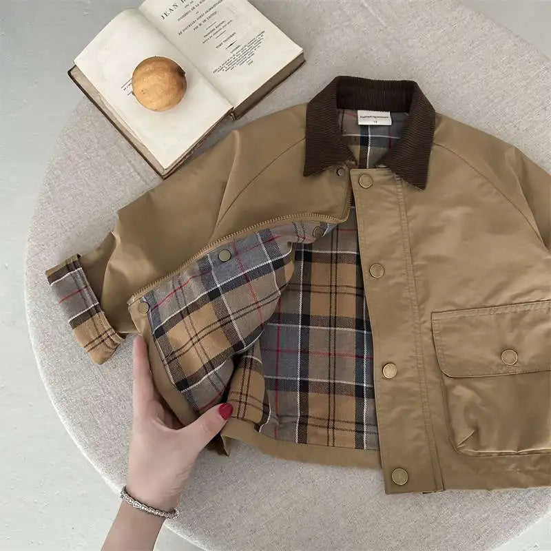 KIDWHXR Spring Kids Boys Coat Plaid Spliced Turn Down Collar Toddler Boys Outerwears Long Sleeve Pocket Children Boys Jacket