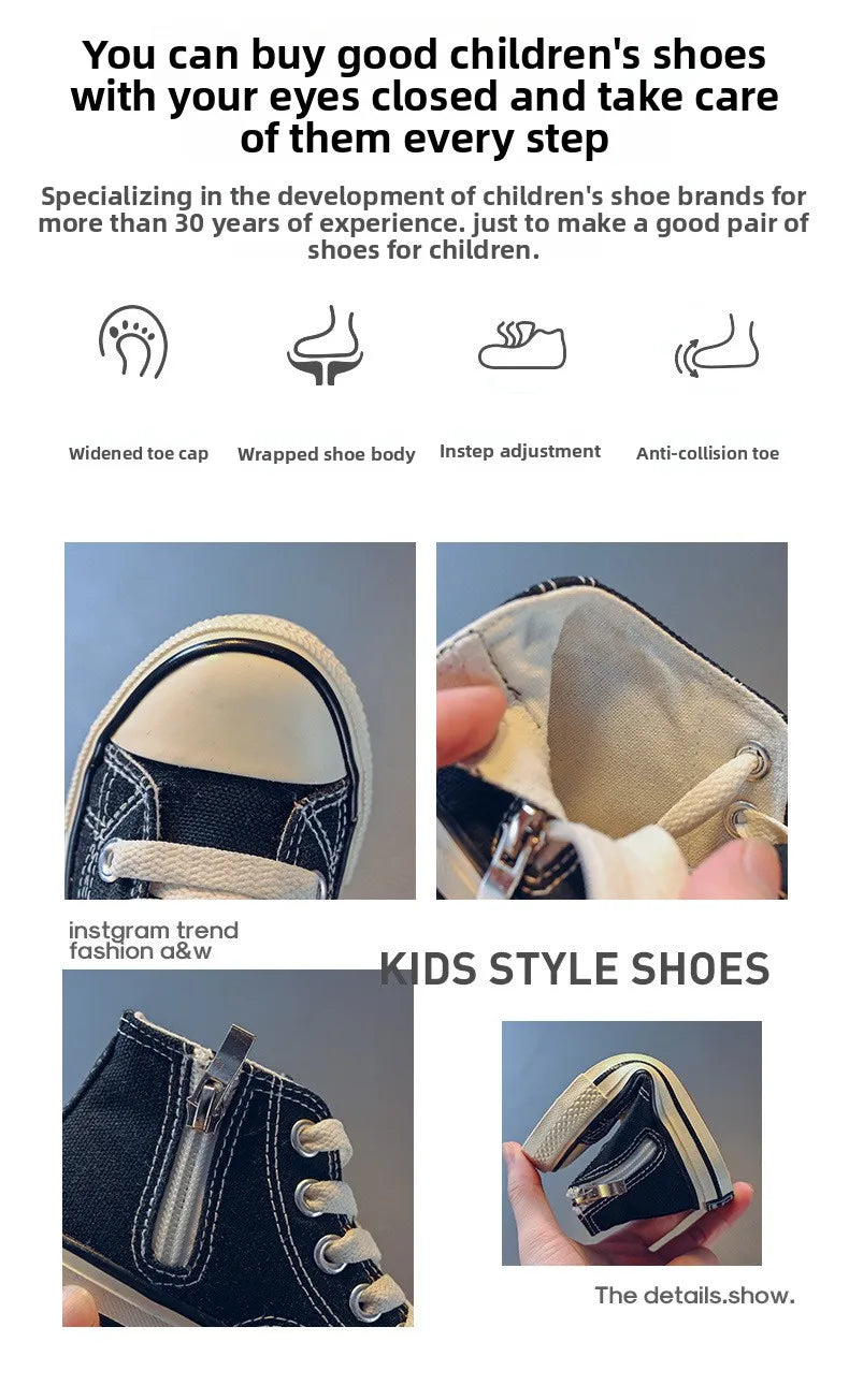 Girls Spring Korean Version Soft Soled Casual Shoes Boys High Top Canvas Shoes Children Antiskid Student Board Shoes Solid Color