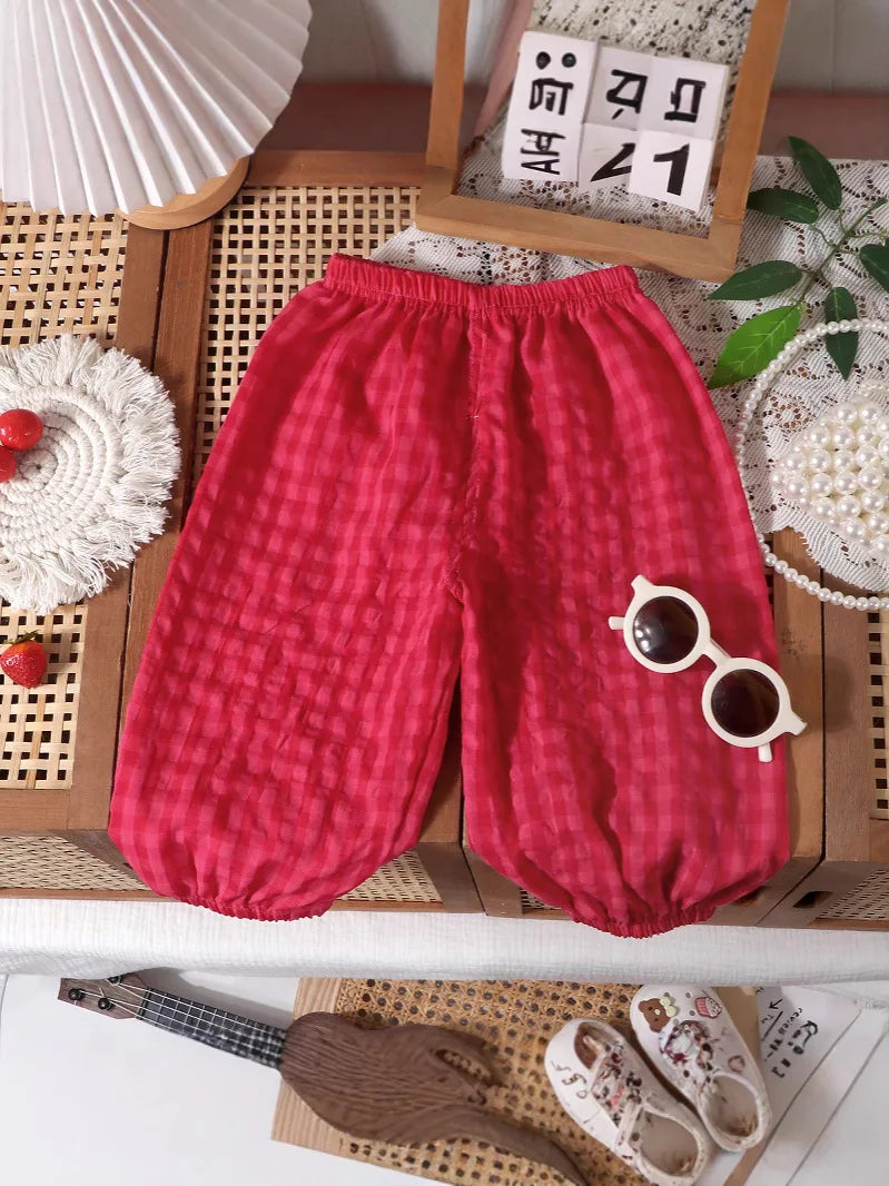 0-7Y Baby Girls Boys Mosquito Trousers 2026 Summer Kids Plaid Pants Breathable Repellent Lantern Daily Outdoor Children Clothing