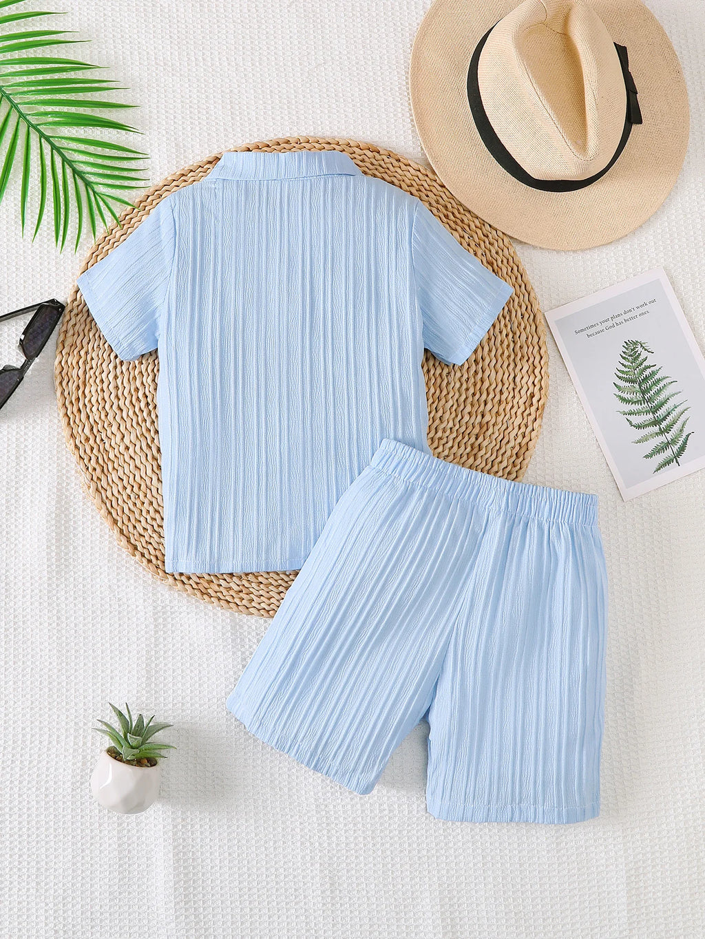 Boys Summer Casual Solid Color Collared Open Front Short Sleeve Outfit Set