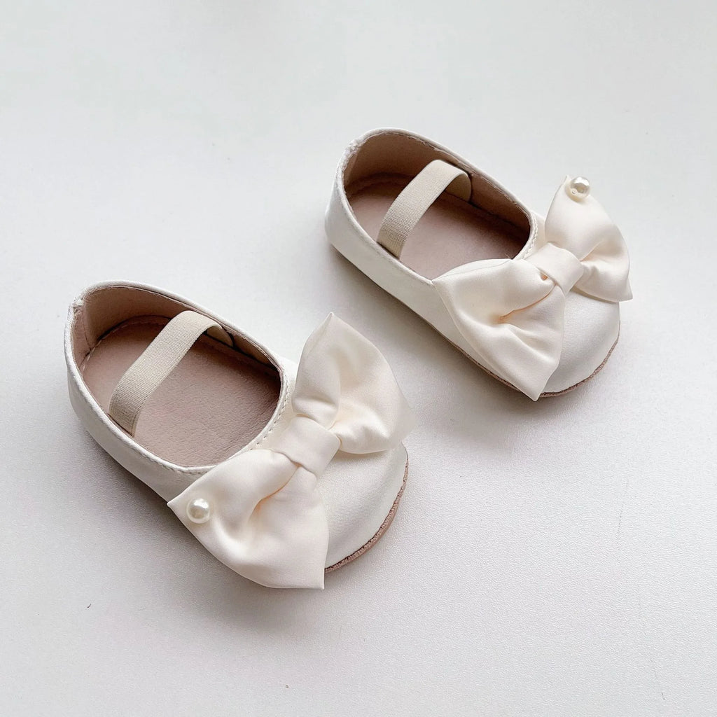 0-18M Newborn Baby Bowknot Shoes Rubber Sole Anti-slip PU Ballet Slippers Infant Girl Dress First Walkers Kids Pearl Crib Shoes
