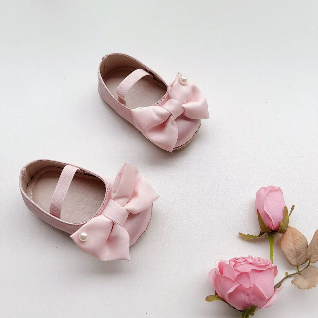 0-18M Newborn Baby Bowknot Shoes Rubber Sole Anti-slip PU Ballet Slippers Infant Girl Dress First Walkers Kids Pearl Crib Shoes