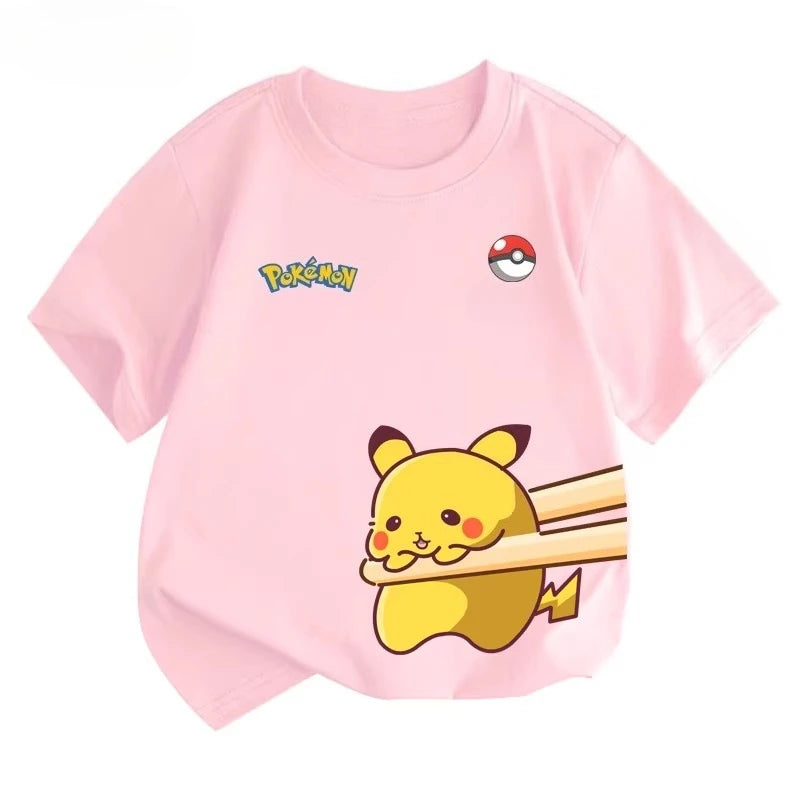 Potdemiel Summer New Pikachu Print Children's Pure Cotton T-Shirt, Boys and Girls, Comfortable and Breathable Children's T-Shirt