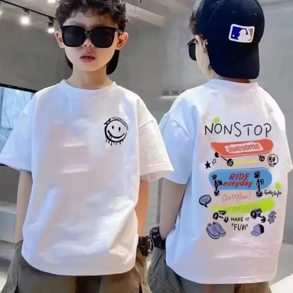 100% Cotton Kids T-shirt Summer Streetwear Cool Graffiti Print Boys Girls Short Sleeve Children Tops High Quality