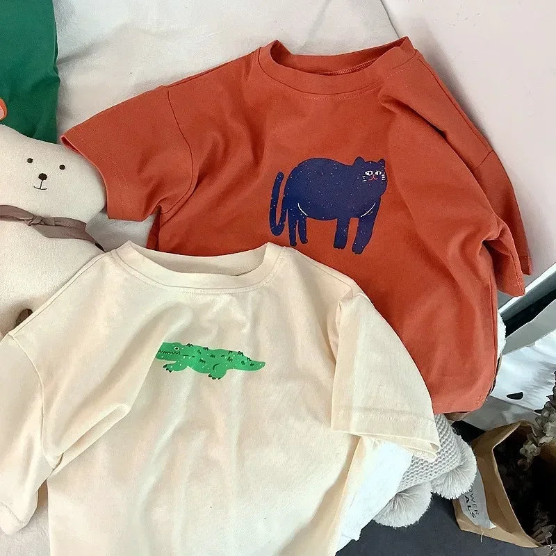 ‌Korean Style Summer Kids T-Shirt Cute Cartoon Print Loose Fit Drop Shoulder Mid-Sleeve Top for Baby Boys Girls Toddler Clothes