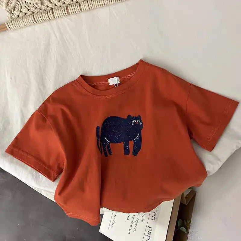 1-6 Age Children's Clothes Solid Color Printed Animal Kids Tees Tops Short-sleeved Summer Clothing Loose Fashion Girls T Shirts