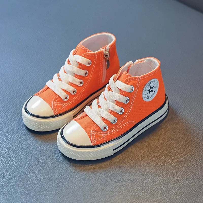 Girls Spring Korean Version Soft Soled Casual Shoes Boys High Top Canvas Shoes Children Antiskid Student Board Shoes Solid Color