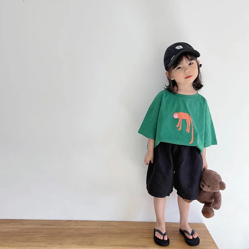‌Korean Style Summer Kids T-Shirt Cute Cartoon Print Loose Fit Drop Shoulder Mid-Sleeve Top for Baby Boys Girls Toddler Clothes
