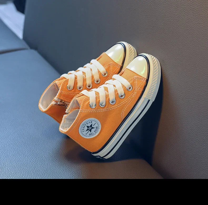 Girls Spring Korean Version Soft Soled Casual Shoes Boys High Top Canvas Shoes Children Antiskid Student Board Shoes Solid Color