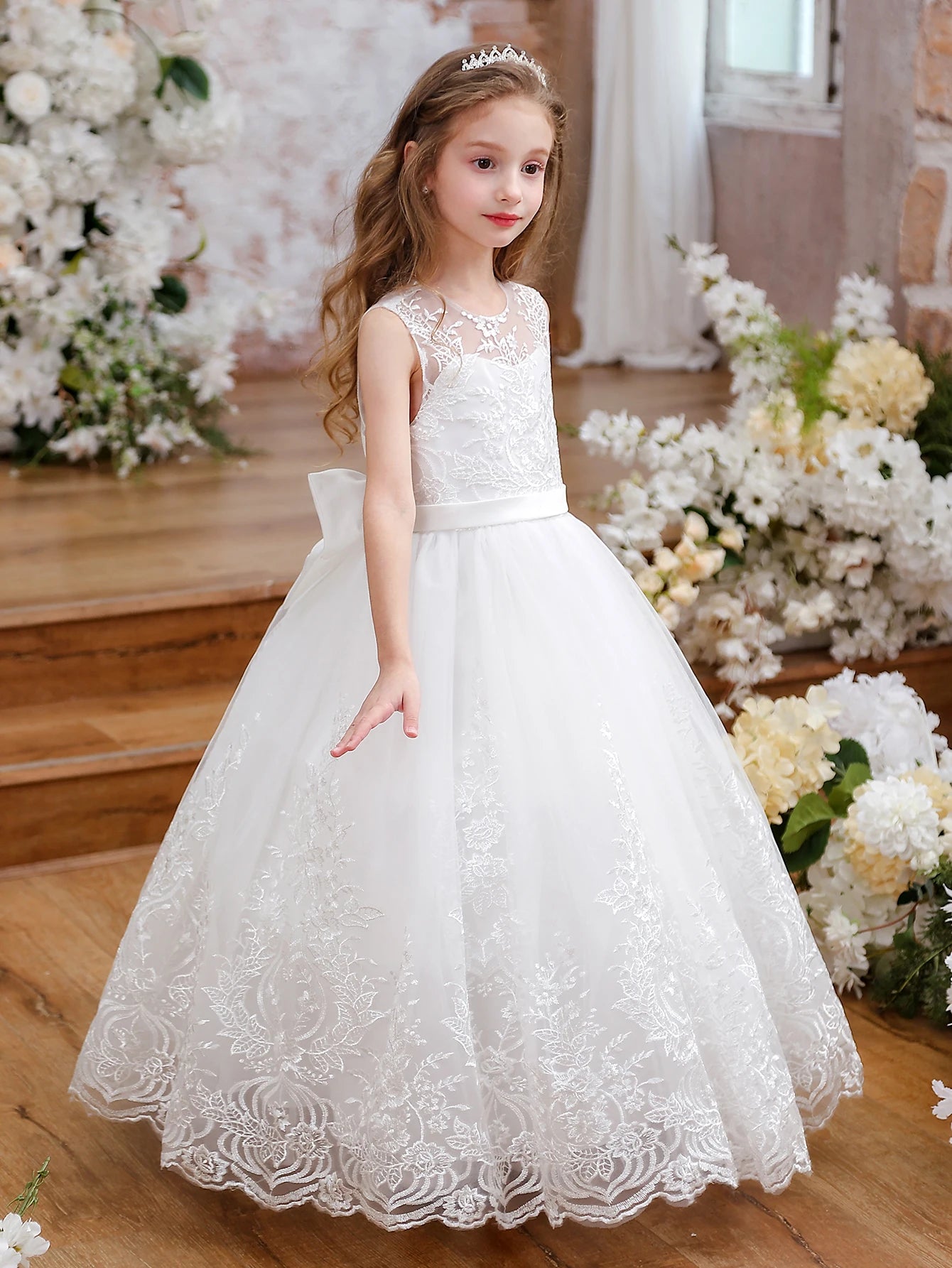 lower Girl Dress Embroidery Tulle Lace for Kid Bridesmaid Birthday Party Communion Formal Princess Bow Ball Gown