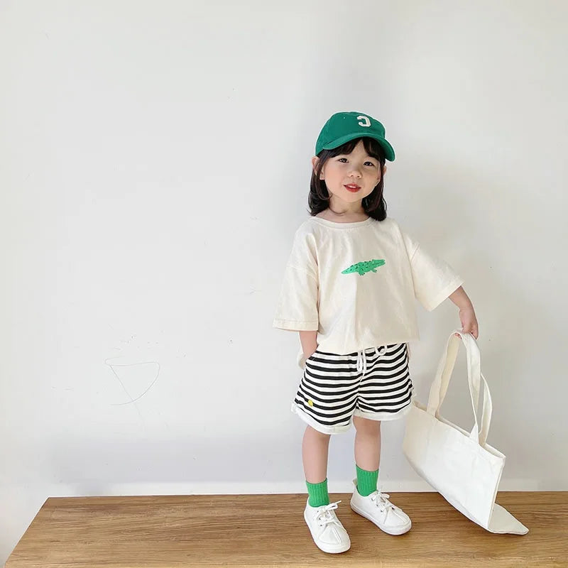 ‌Korean Style Summer Kids T-Shirt Cute Cartoon Print Loose Fit Drop Shoulder Mid-Sleeve Top for Baby Boys Girls Toddler Clothes