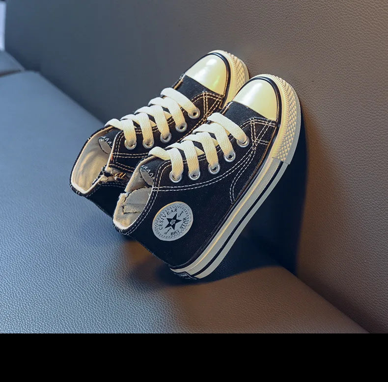 Girls Spring Korean Version Soft Soled Casual Shoes Boys High Top Canvas Shoes Children Antiskid Student Board Shoes Solid Color