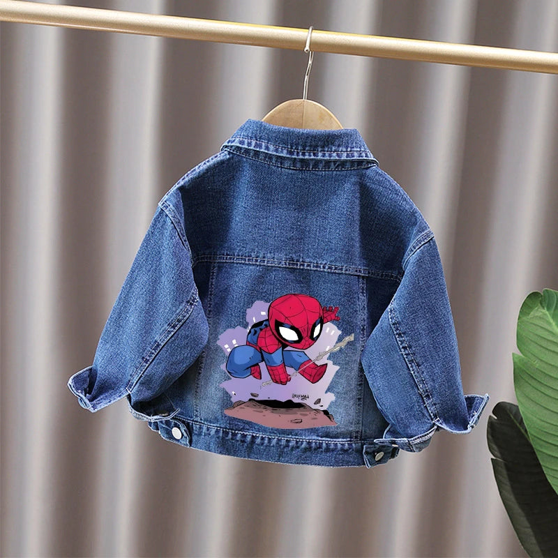 Cartoon Spiderman Print Boys' Casual Single-Button Denim Jacket Spring Autumn New Style Children's Jeans Coat for Ages 2-11