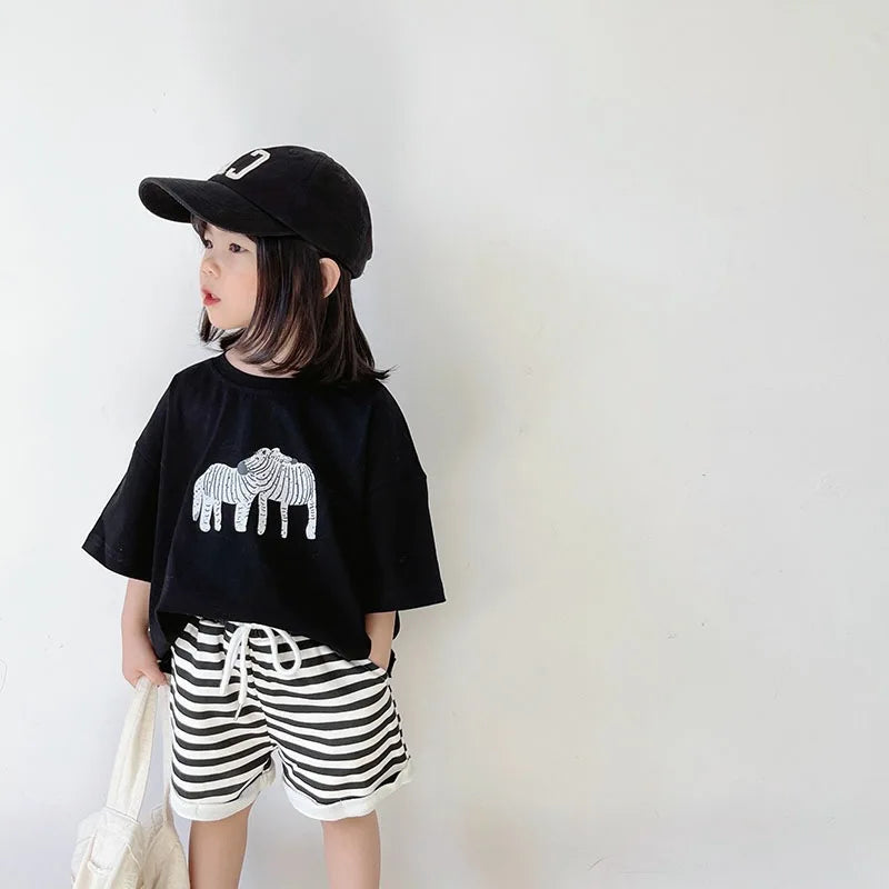 ‌Korean Style Summer Kids T-Shirt Cute Cartoon Print Loose Fit Drop Shoulder Mid-Sleeve Top for Baby Boys Girls Toddler Clothes