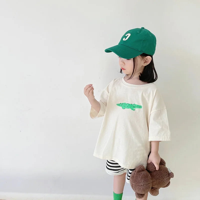 ‌Korean Style Summer Kids T-Shirt Cute Cartoon Print Loose Fit Drop Shoulder Mid-Sleeve Top for Baby Boys Girls Toddler Clothes
