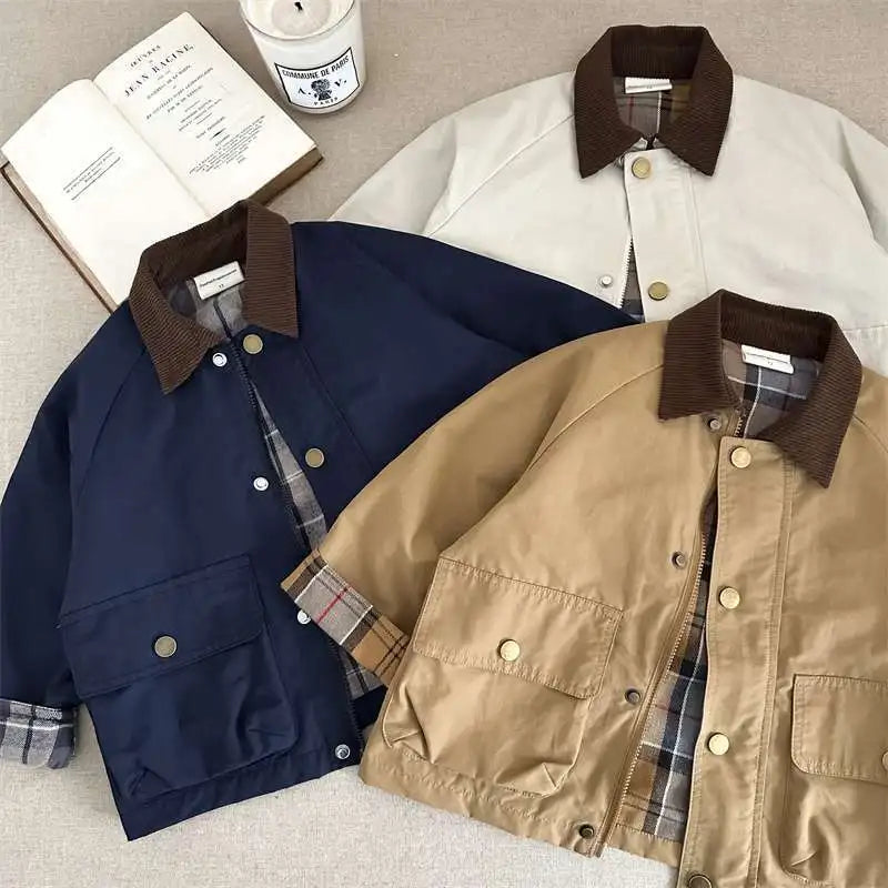 KIDWHXR Spring Kids Boys Coat Plaid Spliced Turn Down Collar Toddler Boys Outerwears Long Sleeve Pocket Children Boys Jacket