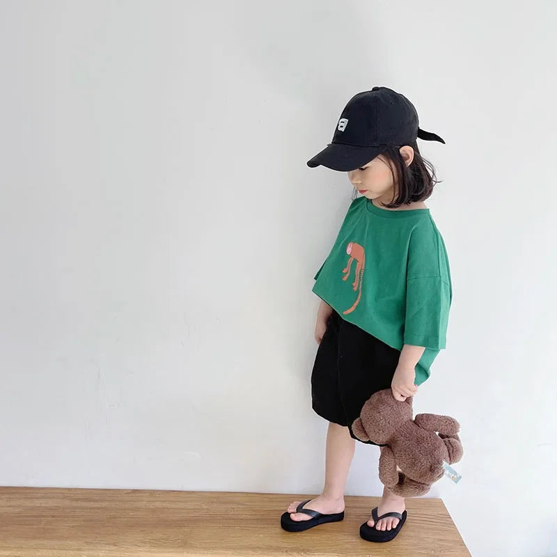 ‌Korean Style Summer Kids T-Shirt Cute Cartoon Print Loose Fit Drop Shoulder Mid-Sleeve Top for Baby Boys Girls Toddler Clothes