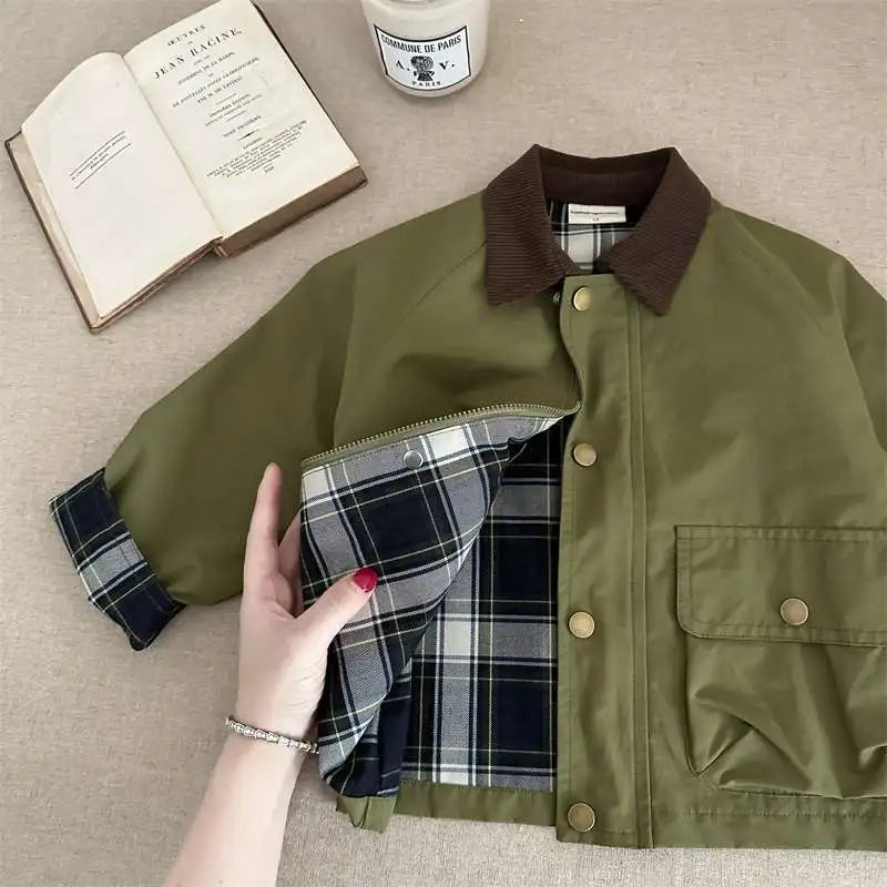 KIDWHXR Spring Kids Boys Coat Plaid Spliced Turn Down Collar Toddler Boys Outerwears Long Sleeve Pocket Children Boys Jacket