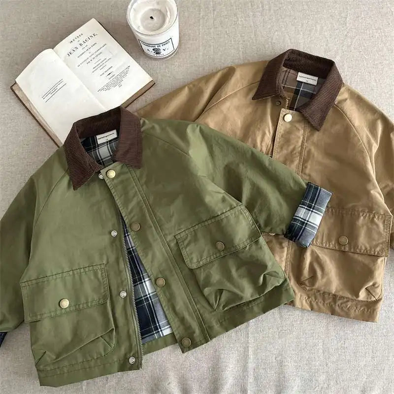 KIDWHXR Spring Kids Boys Coat Plaid Spliced Turn Down Collar Toddler Boys Outerwears Long Sleeve Pocket Children Boys Jacket