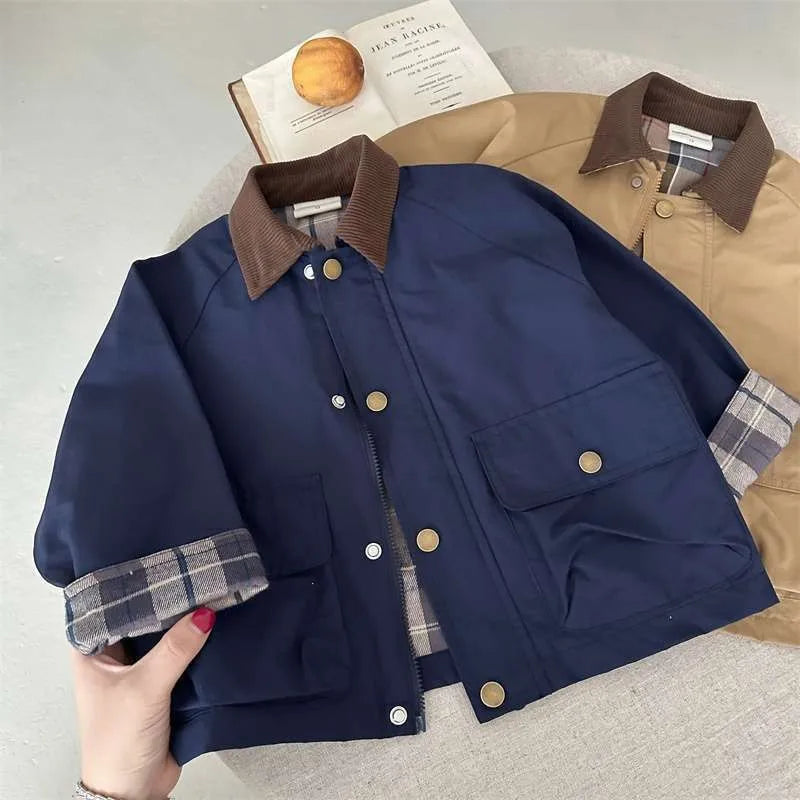 KIDWHXR Spring Kids Boys Coat Plaid Spliced Turn Down Collar Toddler Boys Outerwears Long Sleeve Pocket Children Boys Jacket