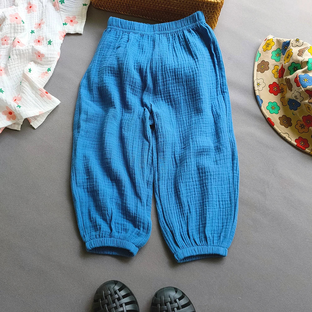 Summer Kids Cotton Line Harem Pant Children Clothes Girl Boy Solid Colour Cropped Pants Casual Girls Pants