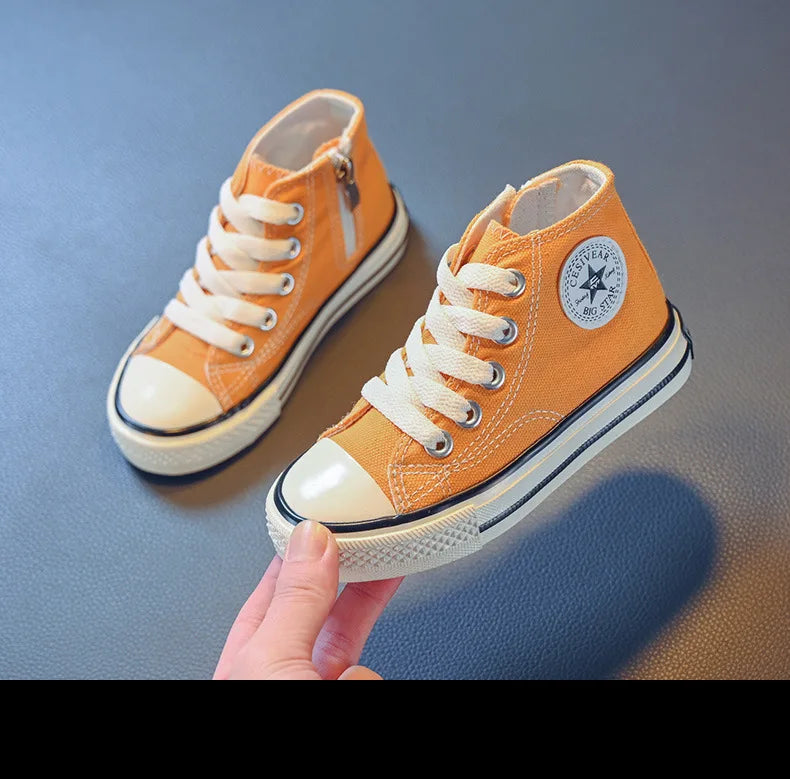 Girls Spring Korean Version Soft Soled Casual Shoes Boys High Top Canvas Shoes Children Antiskid Student Board Shoes Solid Color