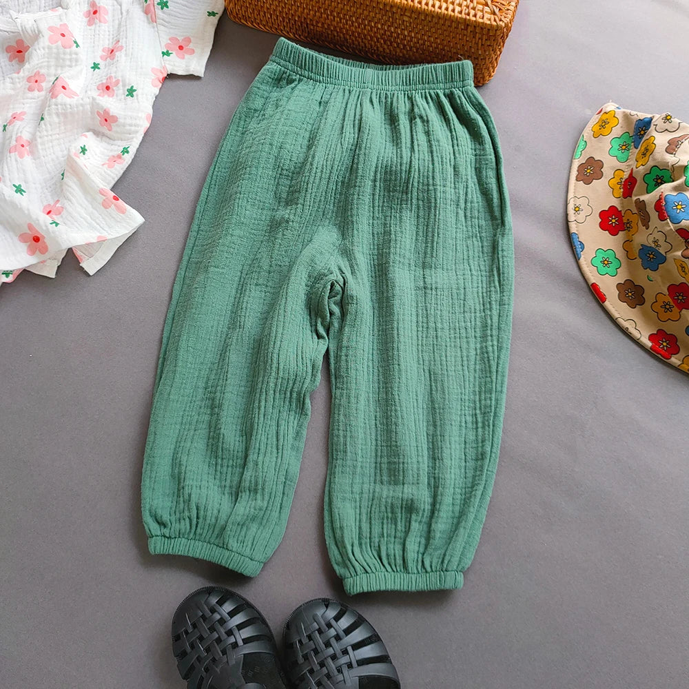 Summer Kids Cotton Line Harem Pant Children Clothes Girl Boy Solid Colour Cropped Pants Casual Girls Pants