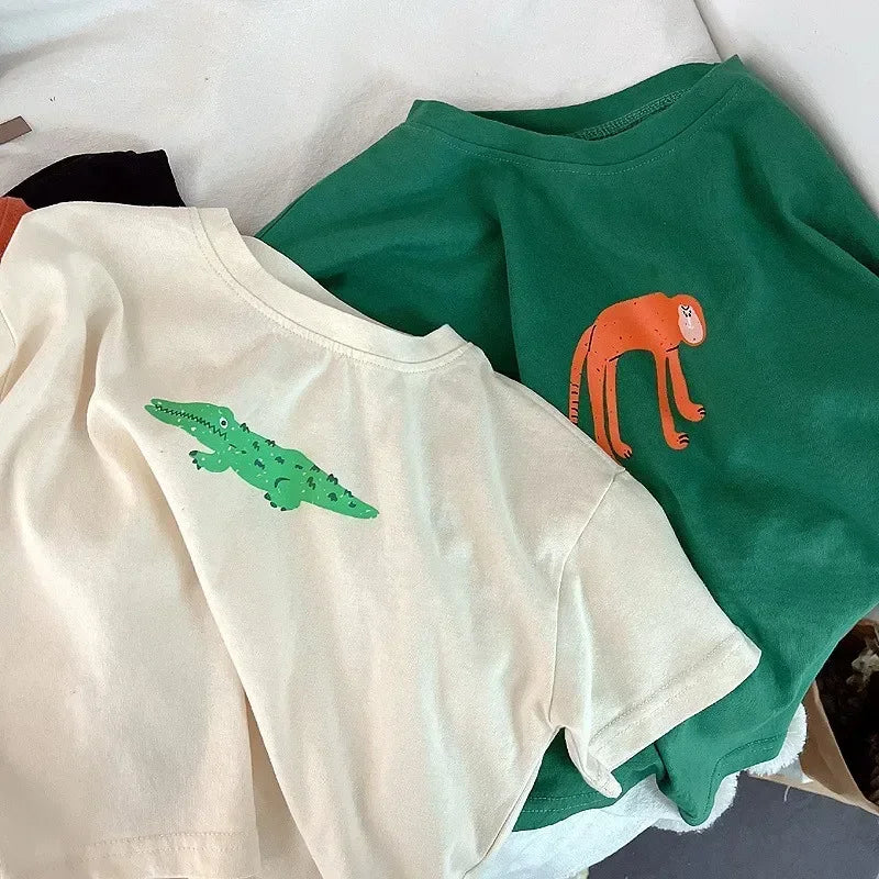 ‌Korean Style Summer Kids T-Shirt Cute Cartoon Print Loose Fit Drop Shoulder Mid-Sleeve Top for Baby Boys Girls Toddler Clothes