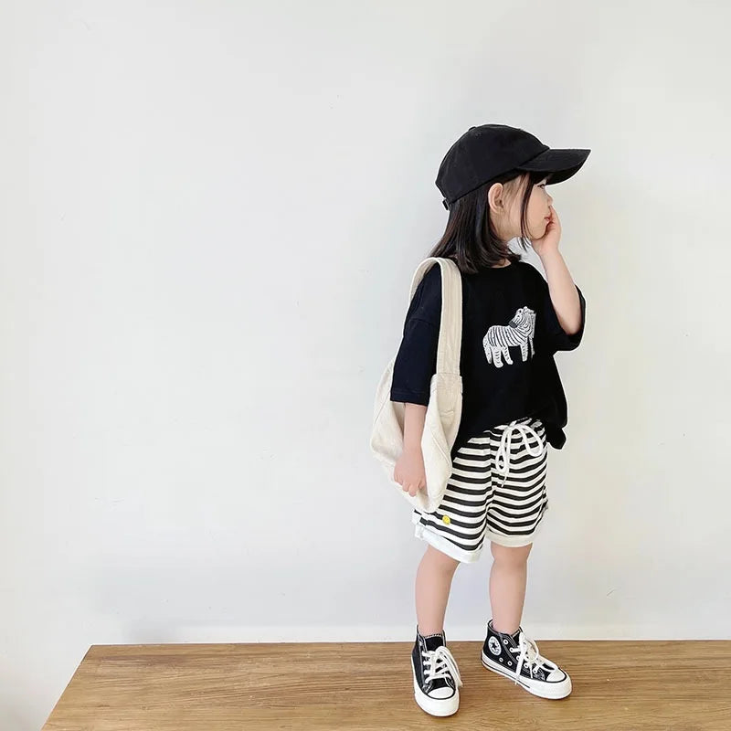 ‌Korean Style Summer Kids T-Shirt Cute Cartoon Print Loose Fit Drop Shoulder Mid-Sleeve Top for Baby Boys Girls Toddler Clothes