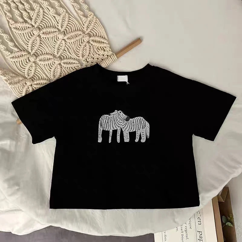 1-6 Age Children's Clothes Solid Color Printed Animal Kids Tees Tops Short-sleeved Summer Clothing Loose Fashion Girls T Shirts