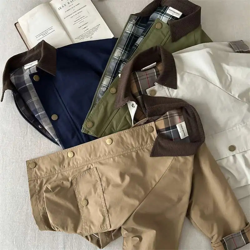 KIDWHXR Spring Kids Boys Coat Plaid Spliced Turn Down Collar Toddler Boys Outerwears Long Sleeve Pocket Children Boys Jacket