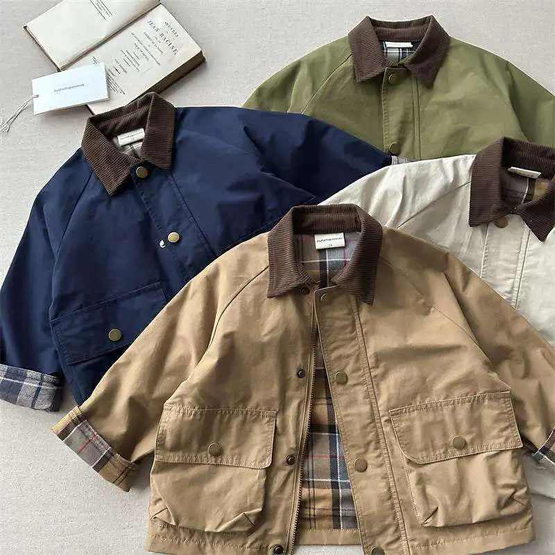 KIDWHXR Spring Kids Boys Coat Plaid Spliced Turn Down Collar Toddler Boys Outerwears Long Sleeve Pocket Children Boys Jacket