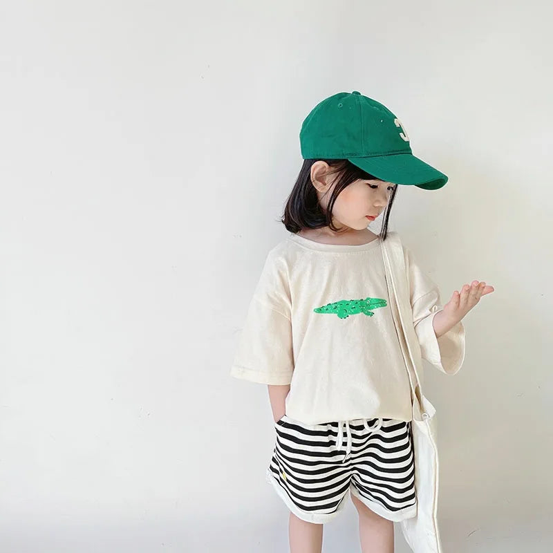 ‌Korean Style Summer Kids T-Shirt Cute Cartoon Print Loose Fit Drop Shoulder Mid-Sleeve Top for Baby Boys Girls Toddler Clothes