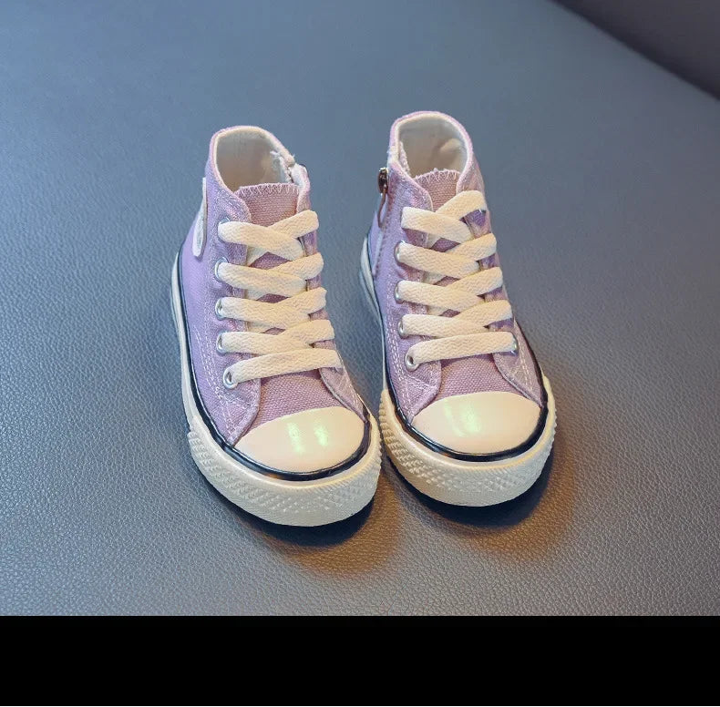 Girls Spring Korean Version Soft Soled Casual Shoes Boys High Top Canvas Shoes Children Antiskid Student Board Shoes Solid Color