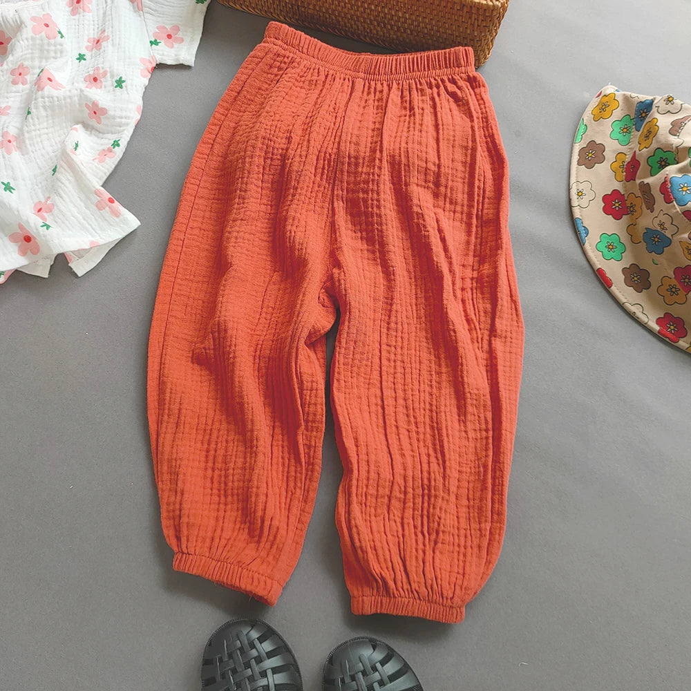 Summer Kids Cotton Line Harem Pant Children Clothes Girl Boy Solid Colour Cropped Pants Casual Girls Pants