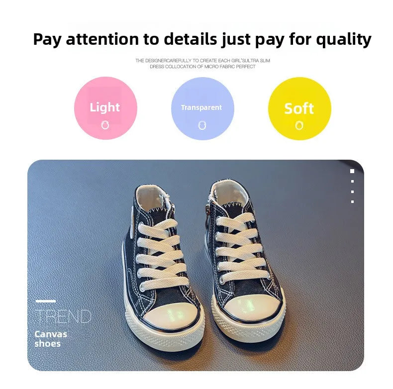 Girls Spring Korean Version Soft Soled Casual Shoes Boys High Top Canvas Shoes Children Antiskid Student Board Shoes Solid Color