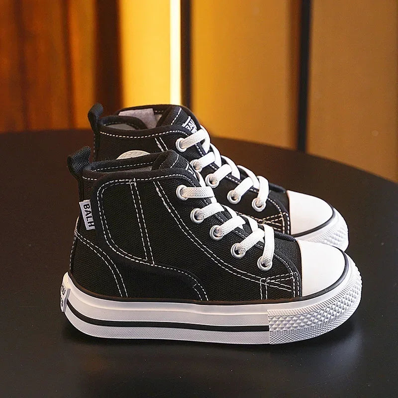 Spring Autumn Children Canvas Shoes Boys High Top Girls Casual Board Shoes Soft Soled Velcro Antiskid Solid Color Breathable
