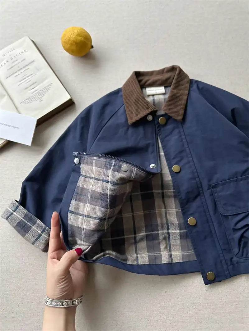 KIDWHXR Spring Kids Boys Coat Plaid Spliced Turn Down Collar Toddler Boys Outerwears Long Sleeve Pocket Children Boys Jacket