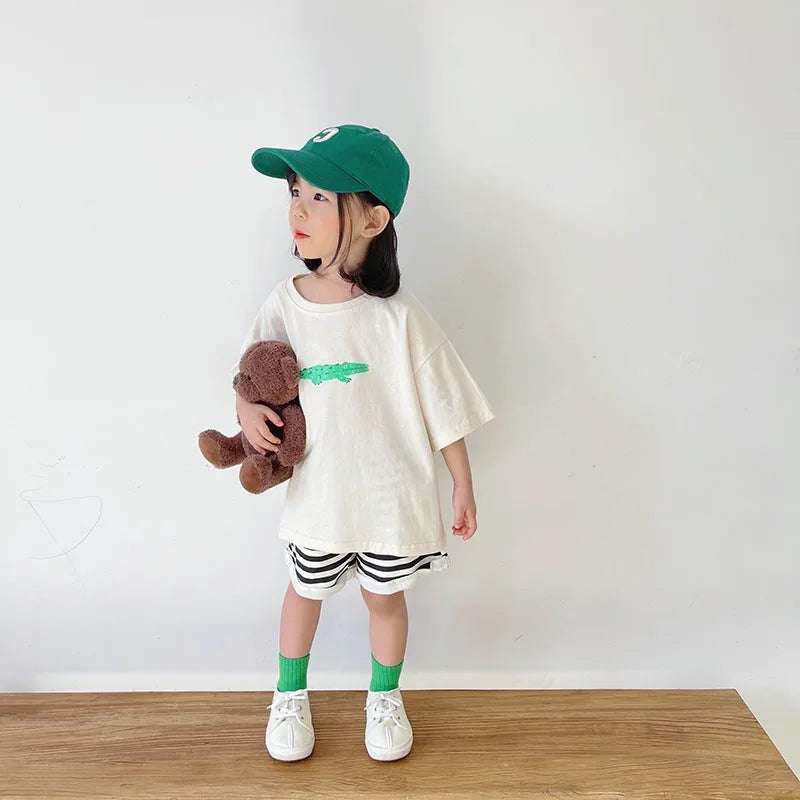 ‌Korean Style Summer Kids T-Shirt Cute Cartoon Print Loose Fit Drop Shoulder Mid-Sleeve Top for Baby Boys Girls Toddler Clothes