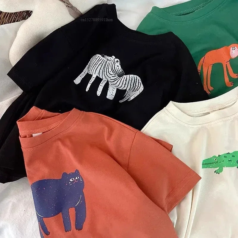 ‌Korean Style Summer Kids T-Shirt Cute Cartoon Print Loose Fit Drop Shoulder Mid-Sleeve Top for Baby Boys Girls Toddler Clothes