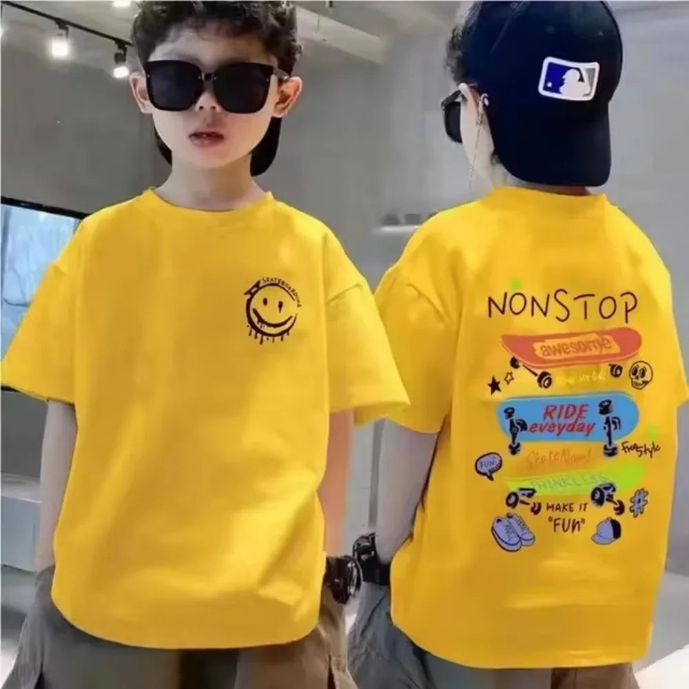 100% Cotton Kids T-shirt Summer Streetwear Cool Graffiti Print Boys Girls Short Sleeve Children Tops High Quality