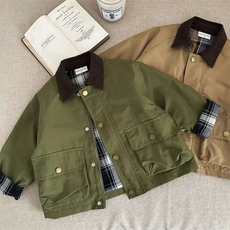 KIDWHXR Spring Kids Boys Coat Plaid Spliced Turn Down Collar Toddler Boys Outerwears Long Sleeve Pocket Children Boys Jacket