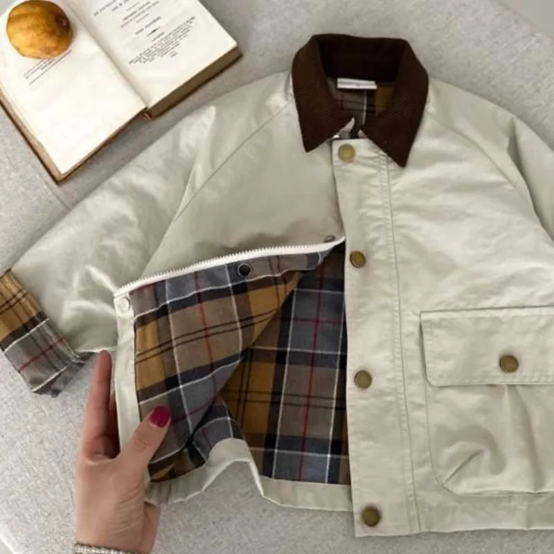 KIDWHXR Spring Kids Boys Coat Plaid Spliced Turn Down Collar Toddler Boys Outerwears Long Sleeve Pocket Children Boys Jacket