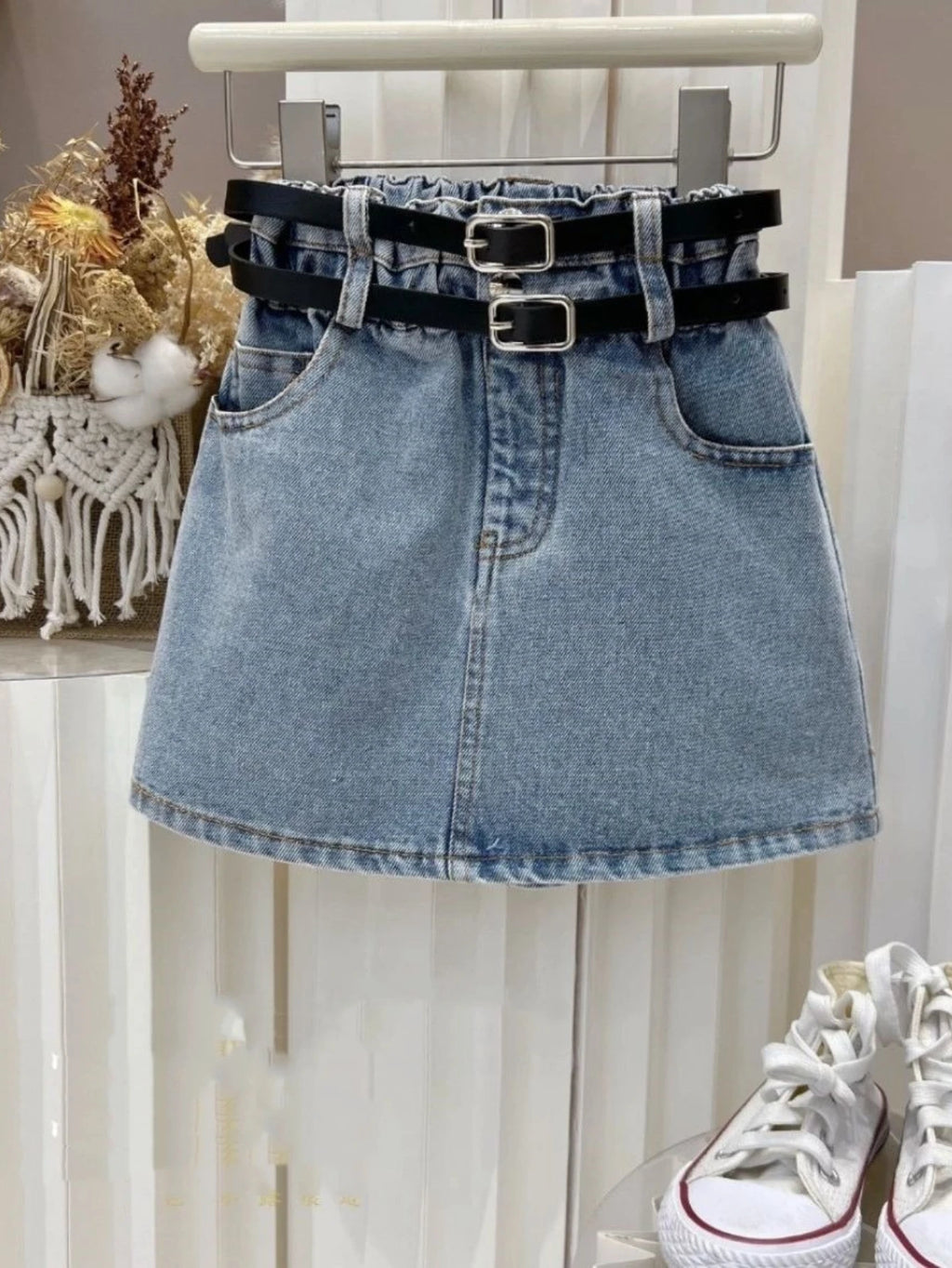 Girls Fashion Set – Ruffle Sleeve Top & High-Waisted Denim Skirt, Includes Belt, Cute Summer Outfit for Kids