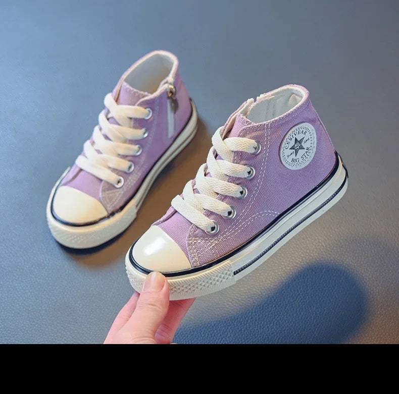 Girls Spring Korean Version Soft Soled Casual Shoes Boys High Top Canvas Shoes Children Antiskid Student Board Shoes Solid Color