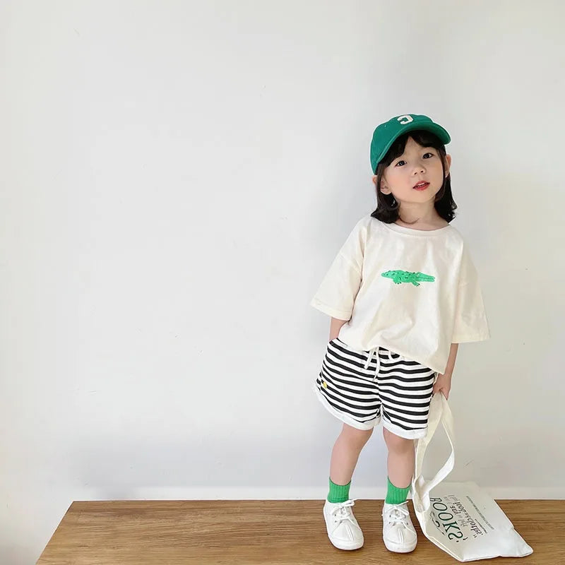‌Korean Style Summer Kids T-Shirt Cute Cartoon Print Loose Fit Drop Shoulder Mid-Sleeve Top for Baby Boys Girls Toddler Clothes