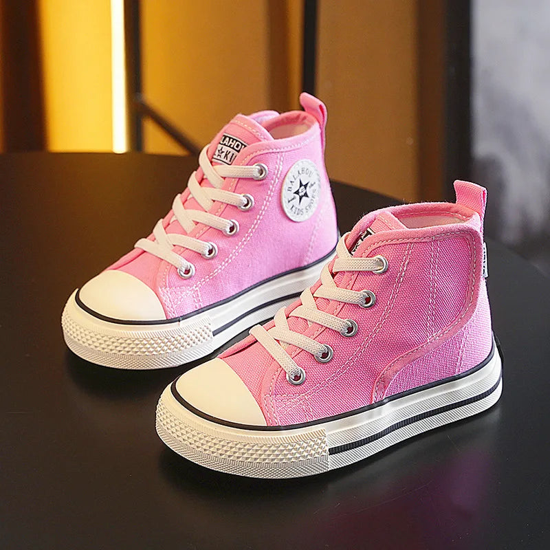 Spring Autumn Children Canvas Shoes Boys High Top Girls Casual Board Shoes Soft Soled Velcro Antiskid Solid Color Breathable