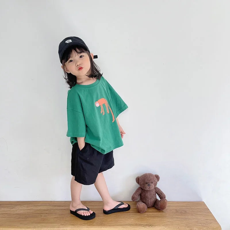 ‌Korean Style Summer Kids T-Shirt Cute Cartoon Print Loose Fit Drop Shoulder Mid-Sleeve Top for Baby Boys Girls Toddler Clothes