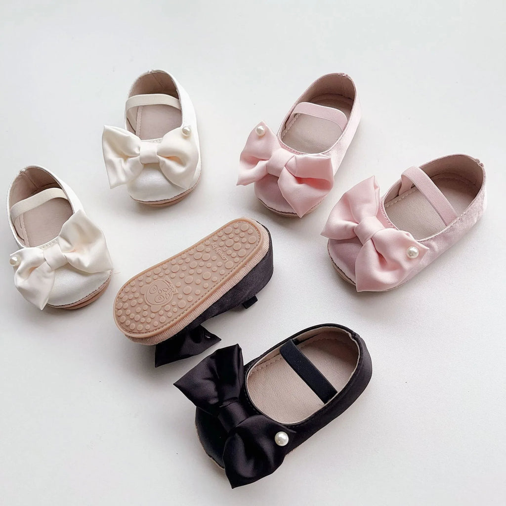 0-18M Newborn Baby Bowknot Shoes Rubber Sole Anti-slip PU Ballet Slippers Infant Girl Dress First Walkers Kids Pearl Crib Shoes